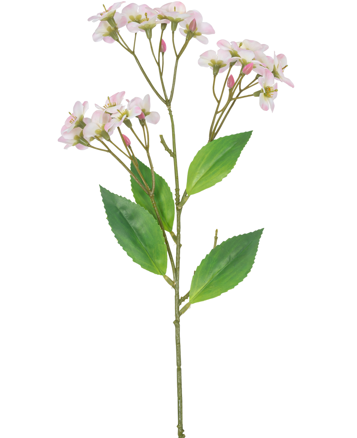 Una Orquídea Flor Artificial Real Touch Pink de 50 cm con múltiples ramos de flores de color rosa claro y hojas verdes, aisladas sobre un fondo blanco.