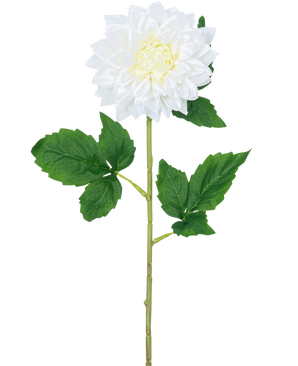 De Kunstbloem Dahlia Real Touch wit 54 cm heeft een enkele witte dahlia steel met een geel hart en groene bladeren, tegen een effen witte achtergrond.