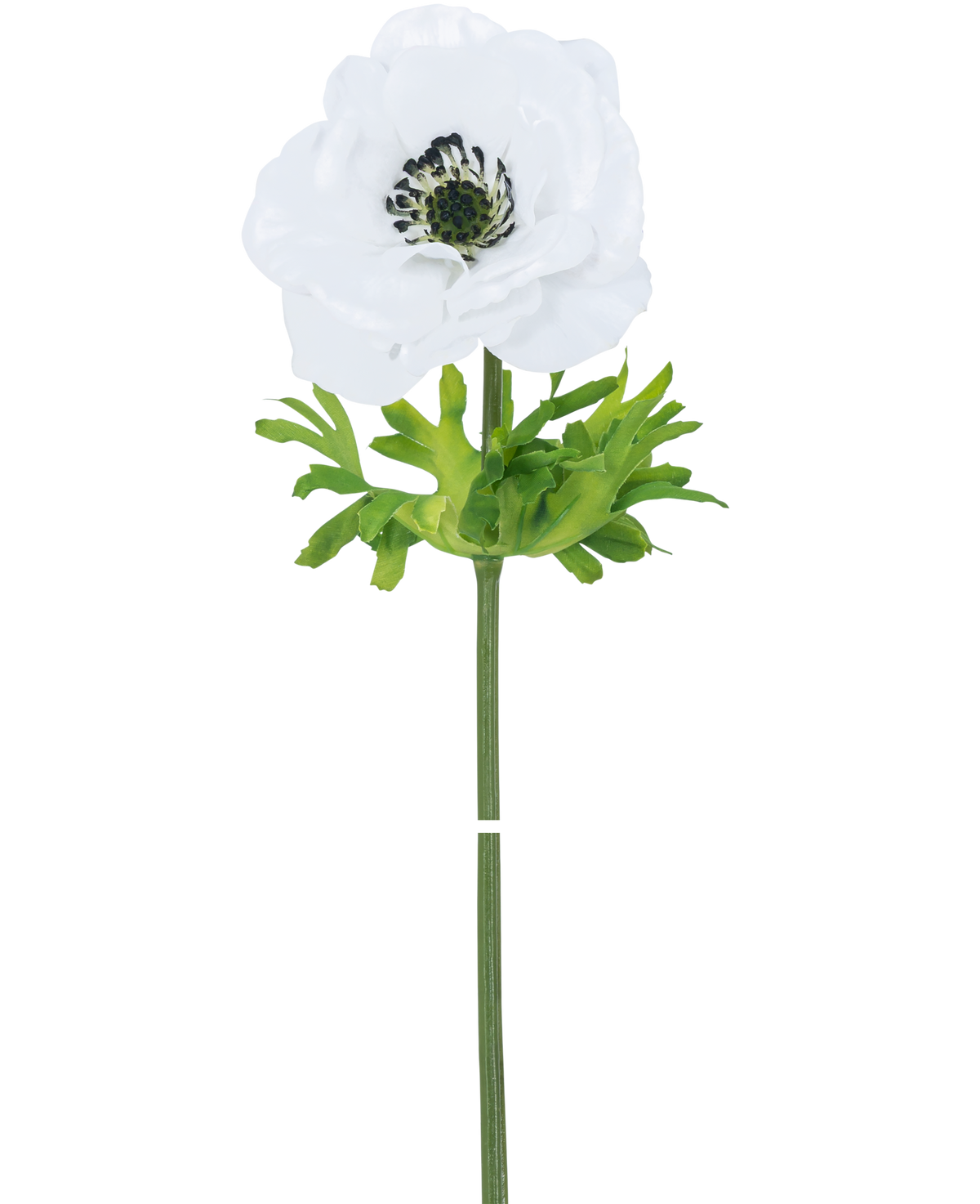 La Flor Artificial Anémona Real Touch White 52 cm tiene una única flor blanca con pétalos delicados, un corazón oscuro y hojas verdes sobre un tallo largo y recto, sobre un fondo blanco liso.