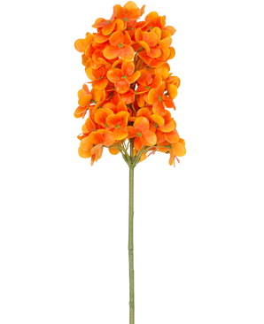 Een enkele Kunstbloem Sneeuwbal Real Touch Oranje, 58 cm lang, heeft helder oranje geclusterde bloemen op een groene steel, tegen een effen witte achtergrond.