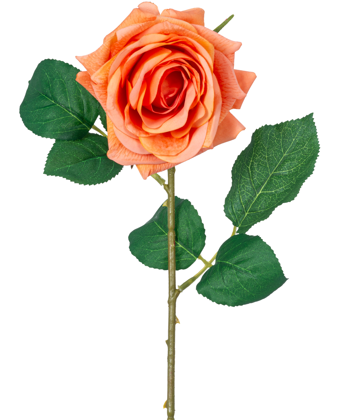 La rosa hidratante Artificial Flower Crystal Touch tiene una flor de color naranja Real Touch con hojas verdes y un tallo de 43 cm de largo, sobre un fondo blanco liso.