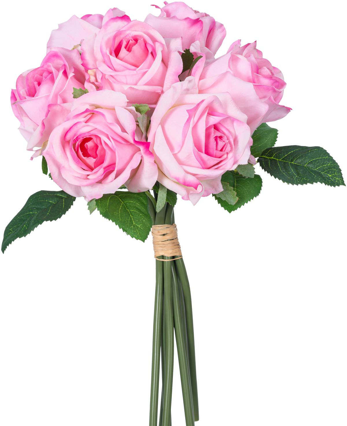 Un ramo de rosas artificiales de 7 rosas rosadas Real Touch (30 cm) con hojas verdes, atadas con cordel y fotografiadas sobre un fondo blanco.