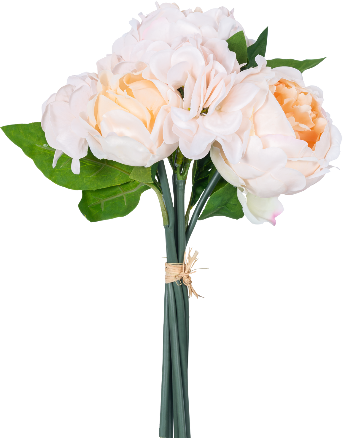 Un ramo de flores artificiales mixtas Real Touch Champagne 30 cm tiene flores artificiales realistas de color rosa y melocotón con hojas verdes y capullos de loto, atadas con una cuerda sobre un fondo blanco.