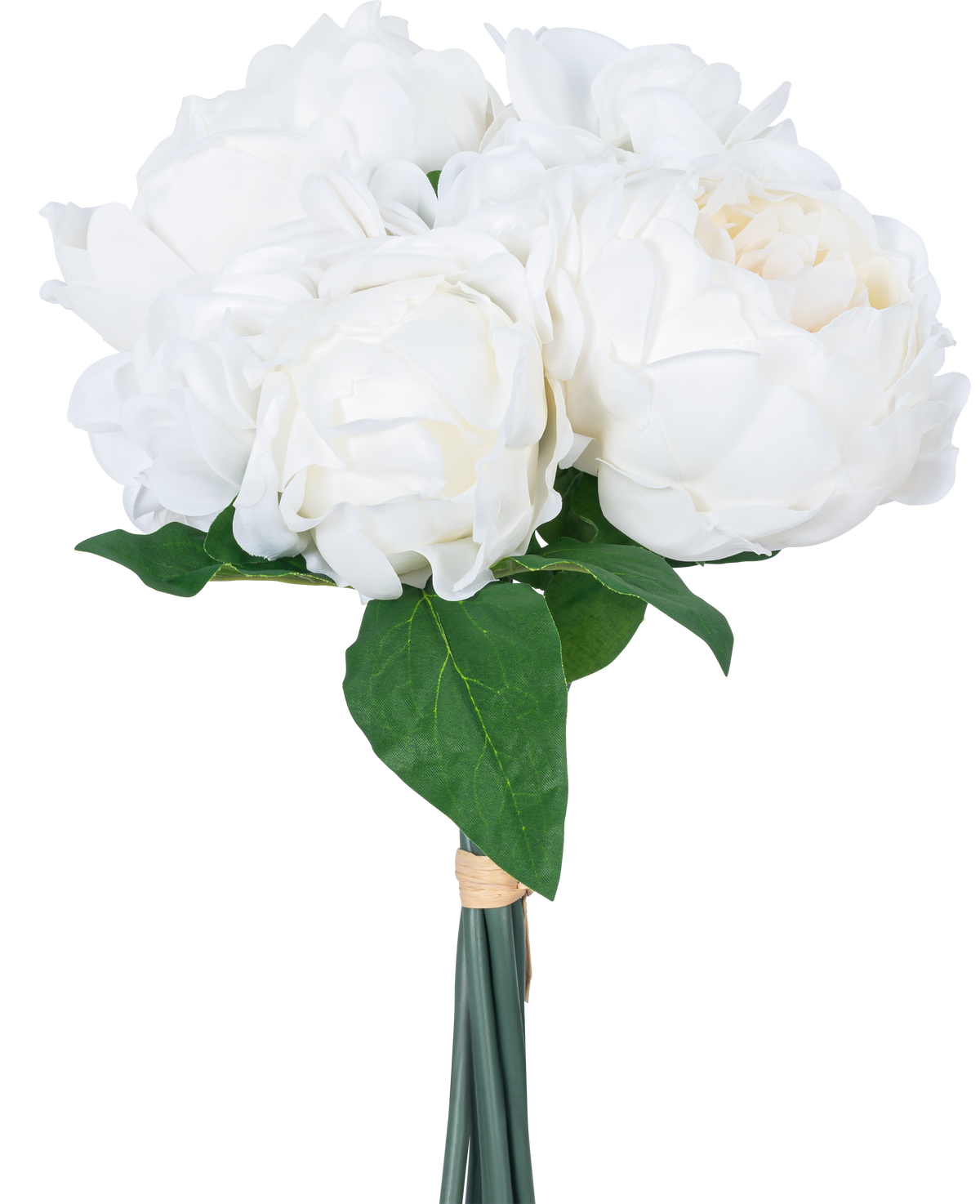El Ramo Artificial de flores mixtas Real Touch White 30 cm tiene flores blancas realistas y hojas verdes, elegantemente envueltas con una banda y sobre un fondo blanco liso.