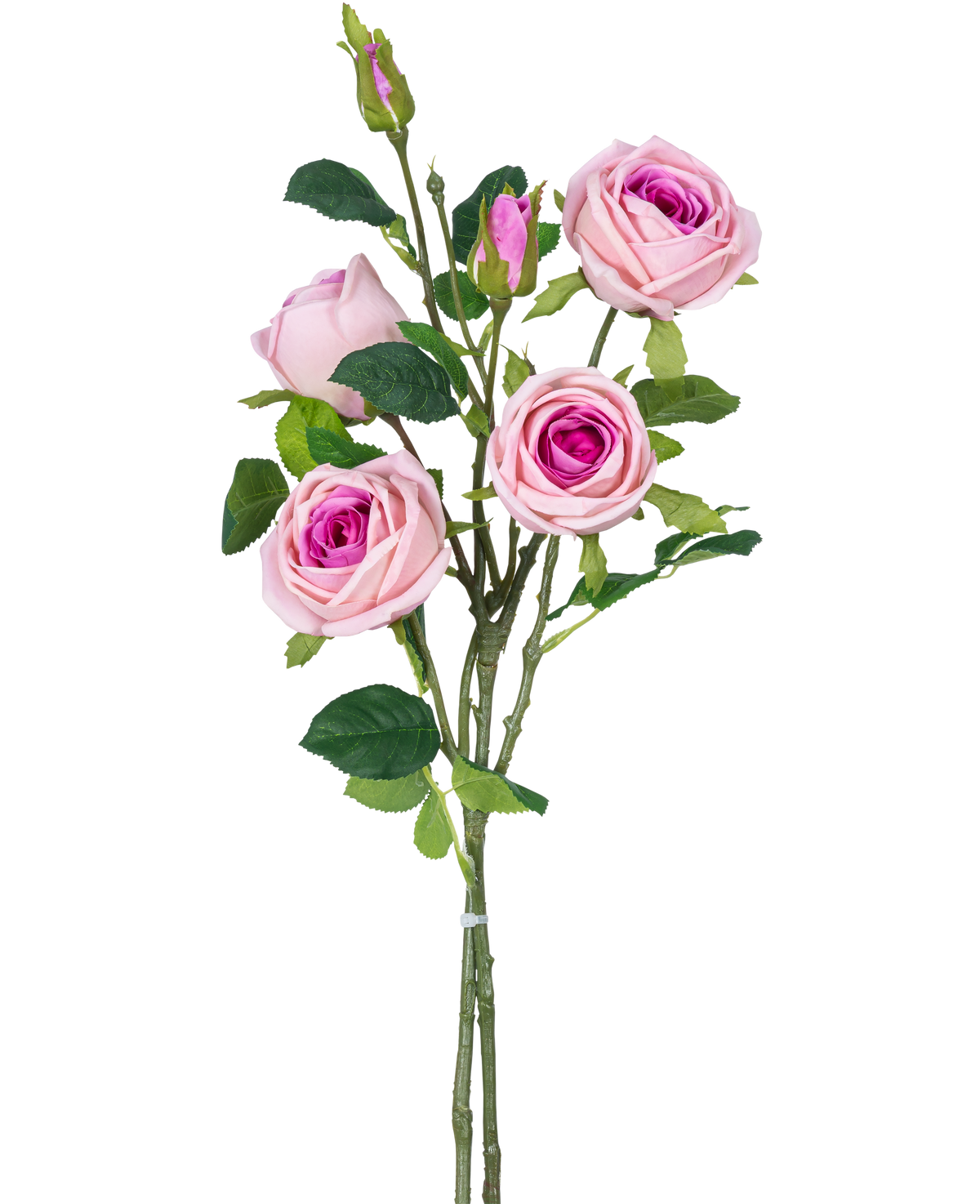 La rama de rosa artificial doble Real Touch rosa de 80 cm tiene múltiples rosas rosas artificiales y capullos de rosa con hojas verdes en un tallo, sobre un fondo blanco liso.