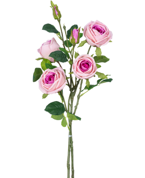 De Kunstrozentak dubbel Real Touch roze 80cm heeft meerdere kunstroze rozen en rozenknoppen met groene bladeren op één steel, tegen een effen witte achtergrond.