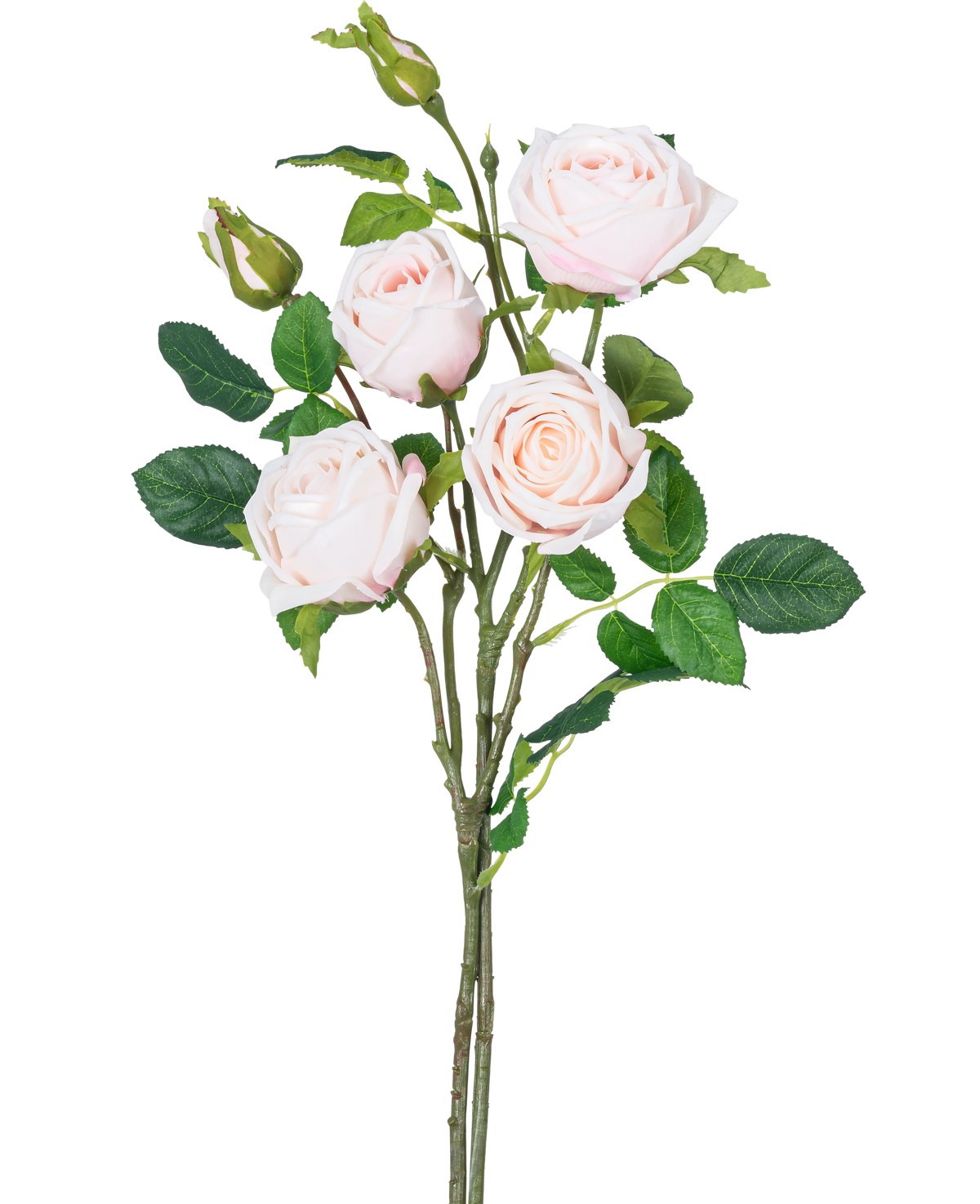 La rama de rosa artificial doble Real Touch rosa claro 80 cm tiene un tallo con tres rosas rosa claro completamente florecidas, dos capullos de rosa y varias hojas verdes sobre un fondo blanco.