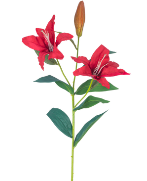 De Kunstbloem Lelie Real Touch rood 95 cm heeft een steel met twee open rode leliebloemen, een gesloten knop en verschillende groene bladeren, allemaal tegen een witte achtergrond.