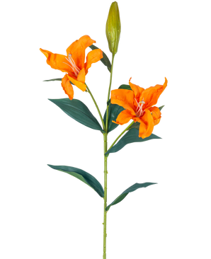 De Kunstbloem Lelie Real Touch oranje 95 cm heeft een enkele steel met twee open oranje lelies, een gesloten knop bovenaan en lange, smalle groene bladeren, alles tegen een witte achtergrond.