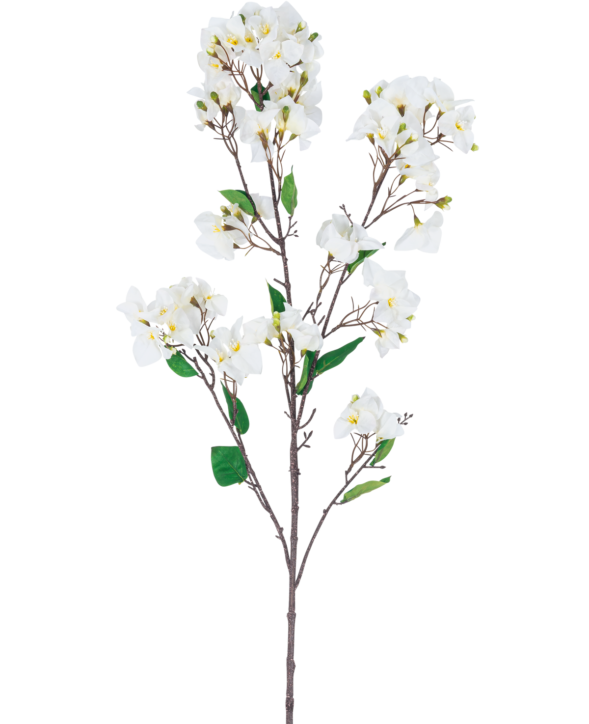 La flor artificial Bougainvillea 120 cm blanca es un tallo de flor artificial con múltiples ramas marrones, hojas verdes y ramos de flores blancas con centro amarillo, representadas sobre un fondo blanco.