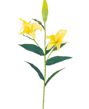 De Kunstbloem Lelie Real Touch Geel 95 cm heeft een enkele steel met twee open gele leliebloemen, een gesloten knop bovenaan en lange groene bladeren, allemaal tegen een effen witte achtergrond.