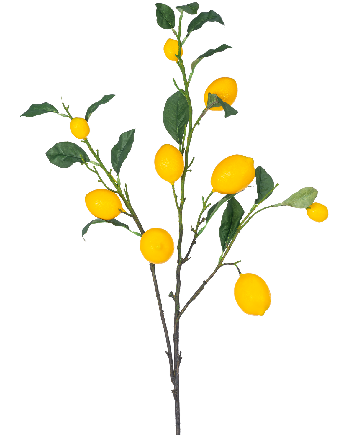 La Rama Artificial Limón 104 cm amarillo tiene una rama con varios limones de color amarillo brillante y hojas verdes sobre un fondo blanco.