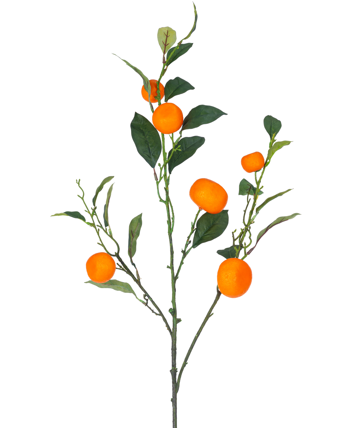 Una rama de mandarina artificial de 104 cm, rama de color naranja con hojas verdes y frutos de color naranja vibrante parecidos a la mandarina, sobre un fondo blanco liso.