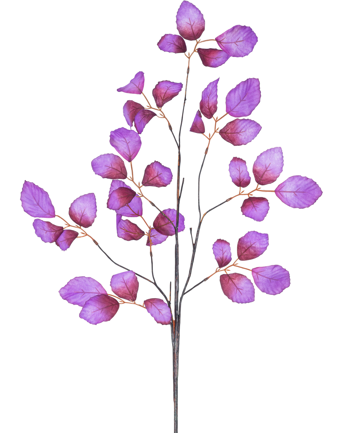 La rama artificial de hoja de manzana de 90 cm de color violeta tiene un tallo delgado y ramificado con múltiples ramitas adornadas con hojas de color violeta vibrante, presentadas sobre un fondo blanco.