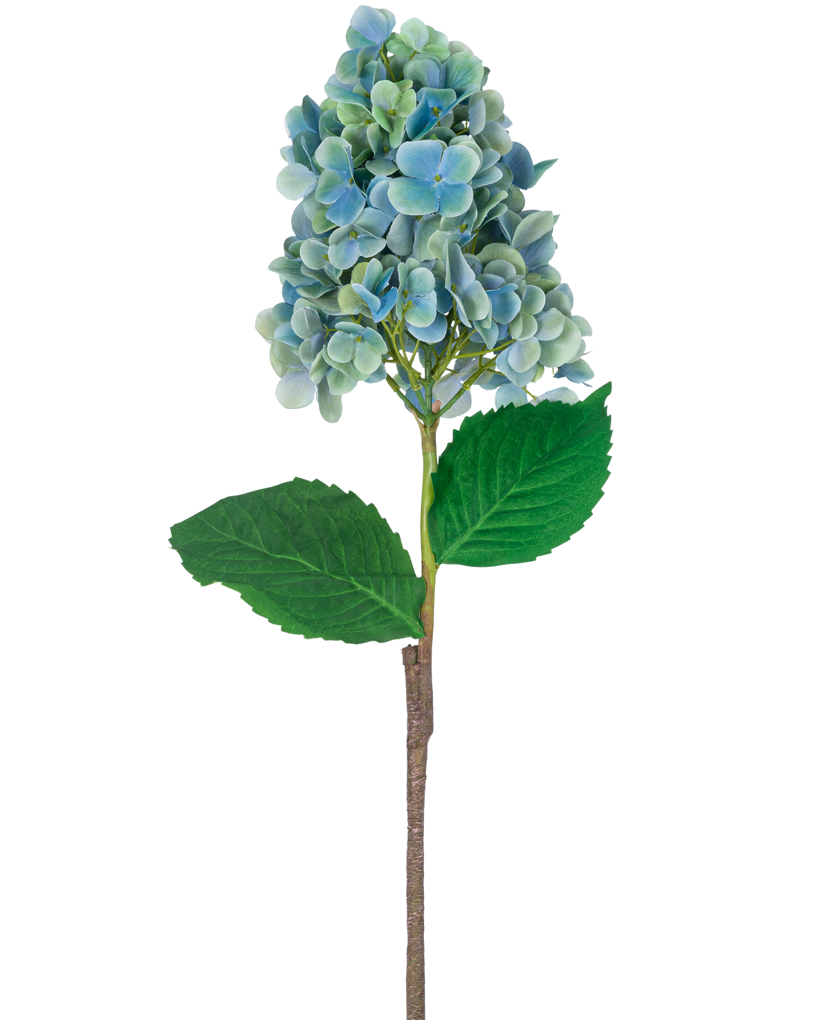 Un solo tallo de Hortensia Artificial de 93 cm de color azul con flores de hortensia azules y verdes con exuberantes hojas verdes, aisladas sobre un fondo blanco.