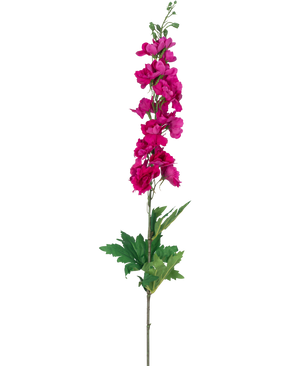 Een enkele Kunstbloem Ridderspoor Real Touch roze, 90 cm hoog met meerdere roze bloemen langs de bovenste stengel en groene bladeren aan de basis, afgebeeld op een witte achtergrond.