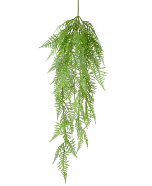 La planta colgante artificial Helecho espárrago de 84 cm tiene delicadas hojas verdes plumosas y patrones detallados que cuelgan elegantemente sobre un fondo blanco liso.