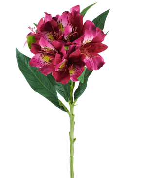 Een enkele stengel van de Kunstbloem Alstroemeria van 74 cm in rode en paarse tinten, met levensechte bloemen en groene bladeren, geïsoleerd tegen een witte achtergrond.