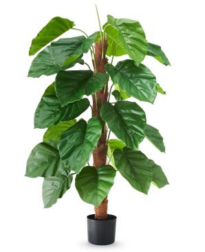 Planta artificial Epipremnum aureum, de 120 cm de altura, con hojas grandes de color verde brillante en una maceta negra, representada sobre un fondo blanco liso.