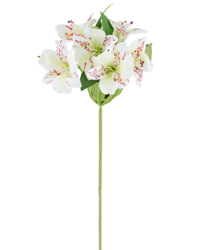 Kunstbloem Alstroemeria 47 cm crèmekleurig met crèmekleurige bloemblaadjes en subtiele rode spikkels, aangevuld met groene bladeren aan een enkele groene steel, afgebeeld tegen een witte achtergrond.