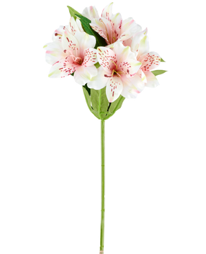 Een kunstbloem Alstroemeria van 47 cm in roze/crème, met lichtroze en witte kunstlelies met groene bladeren en stengel, afgebeeld op een witte achtergrond.