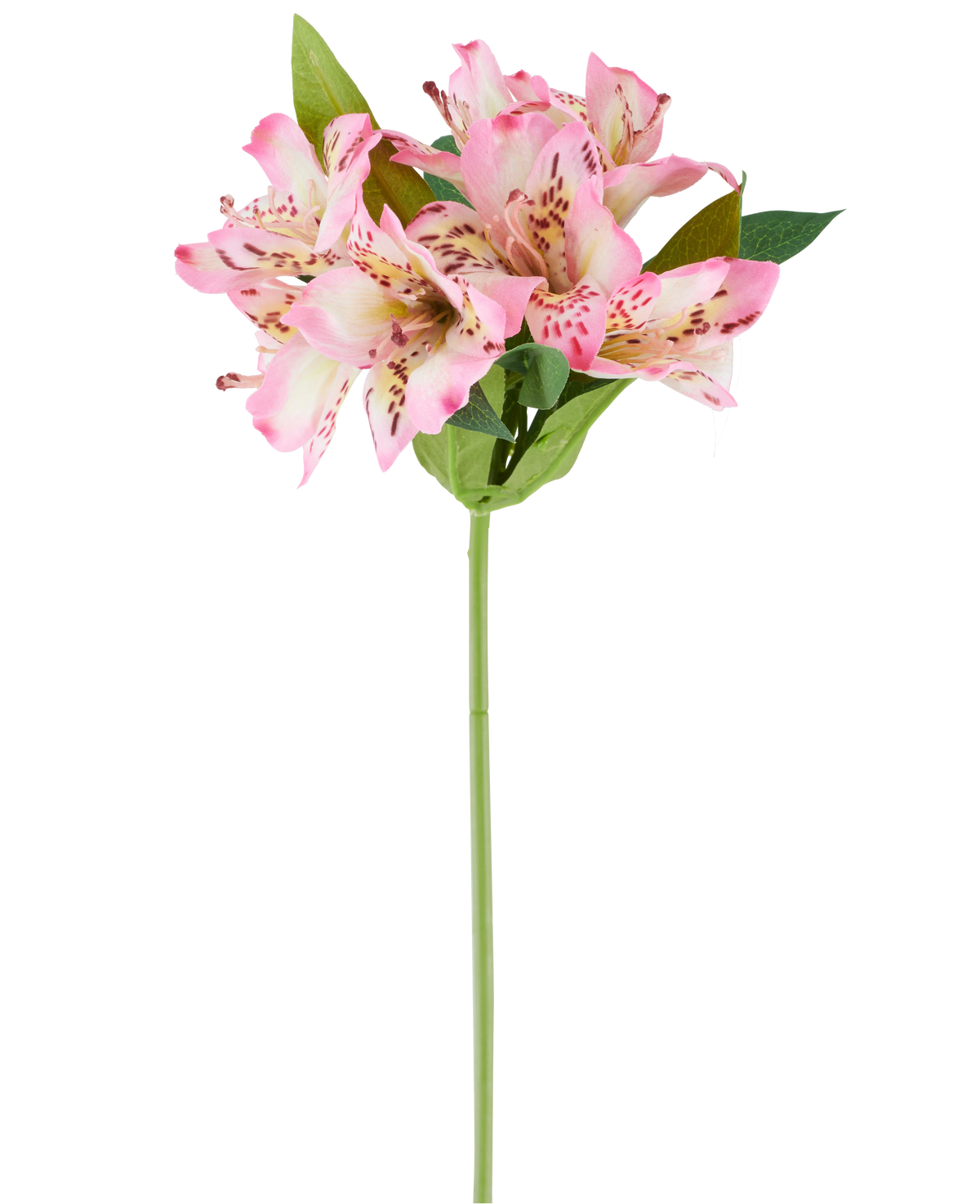 Una sola flor artificial de Alstroemeria de 47 cm, rosa/crema, con varias flores de color rosa y crema y hojas verdes, mostrada sobre un fondo blanco.