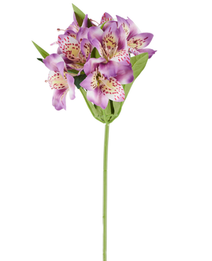 Een enkele Kunstbloem Alstroemeria van 47 cm, lila van kleur, met verschillende paarse bloemen met roze vlekjes, groene bladeren en een groene steel, gefotografeerd tegen een witte achtergrond.