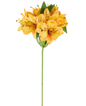Een kunstbloem Alstroemeria van 47 cm, geel, met levendig geeloranje gevlekte bloemblaadjes en weelderig groen blad aan een enkele groene steel, afgebeeld tegen een witte achtergrond.