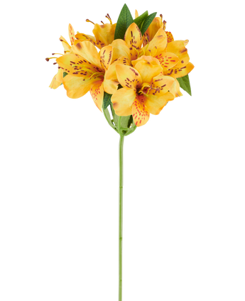 Een kunstbloem Alstroemeria van 47 cm, geel, met levendig geeloranje gevlekte bloemblaadjes en weelderig groen blad aan een enkele groene steel, afgebeeld tegen een witte achtergrond.