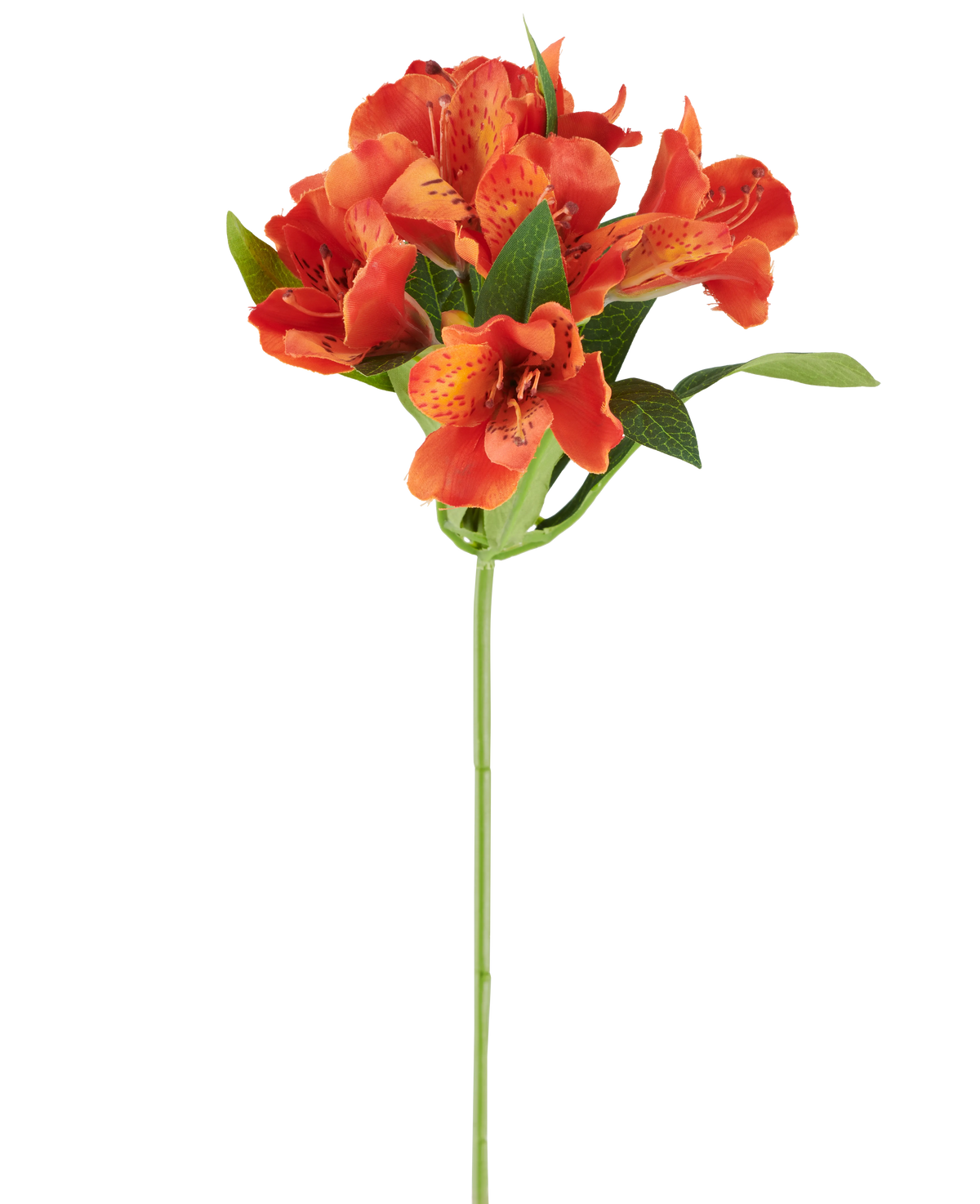 Flor artificial Alstroemeria, 47 cm, naranja con varias flores manchadas y hojas verdes sobre fondo blanco.