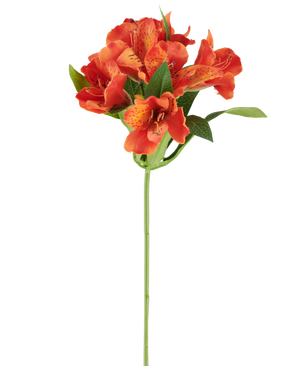 Kunstbloem Alstroemeria, 47 cm, oranje met meerdere gevlekte bloemen en groene bladeren op een witte achtergrond.