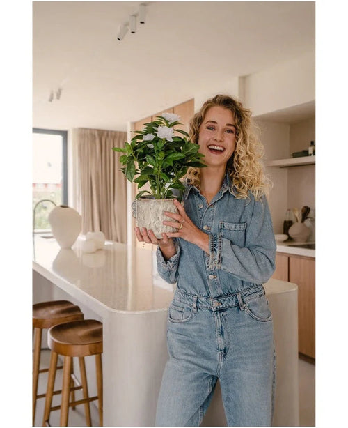 Una mujer sonriente con un traje vaquero sostiene la planta artificial blanca Gardenia UV de 39 cm en una cocina moderna con taburetes de madera, encimeras blancas y decoración neutra.