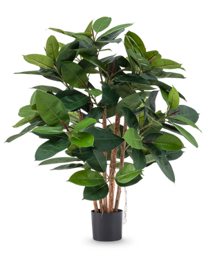 La planta artificial Rubber deluxe de 90 cm tiene múltiples tallos de madera y hojas grandes de color verde brillante en una maceta negra, ideal para añadir elegancia realista a cualquier habitación.