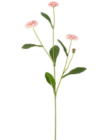 De Kunstbloem Zomeraster 57 cm roze heeft een lange groene steel met drie roze margrietachtige bloemen en verschillende groene bladeren, tegen een effen witte achtergrond.