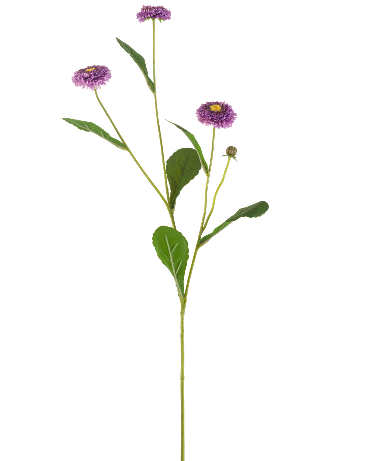 Una cuadrícula de flores artificiales de verano de 57 cm con un solo tallo verde, tres flores violetas parecidas a margaritas con un corazón amarillo y varias hojas verdes, representadas sobre un fondo blanco liso.