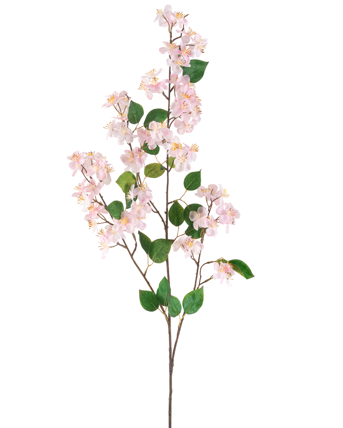 La flor artificial Peach Blossom 140 cm rosa es una rama artificial con flores de melocotón de color rosa claro y hojas verdes sobre esbeltos tallos marrones, representadas aisladas sobre un fondo blanco.