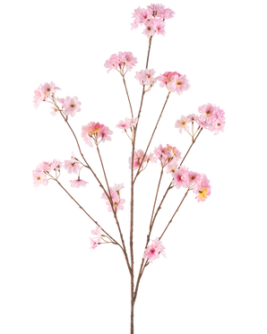 De Kunstbloem Kersenbloesem 130 cm roze heeft een enkele bruine steel die zich vertakt in trossen van tere roze kersenbloesems, prachtig tegen een effen witte achtergrond.