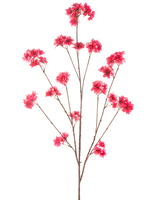 De Kunstbloem Kersenbloesem 130 cm fuchsia heeft een enkele steel met meerdere dunne bruine takken, elk versierd met clusters van levendige fuchsia kunstkerstbloesem bloemen, tegen een effen witte achtergrond.