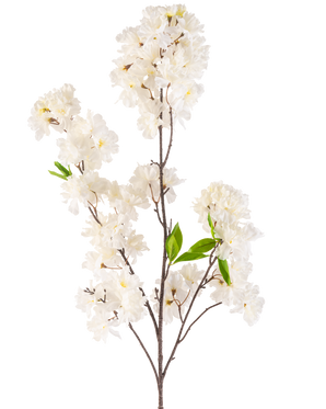 Una flor de cerezo artificial de 119 cm color crema con racimos de delicadas flores blancas y algunas hojas de color verde brillante sobre delgados tallos marrones, aisladas sobre un fondo blanco.