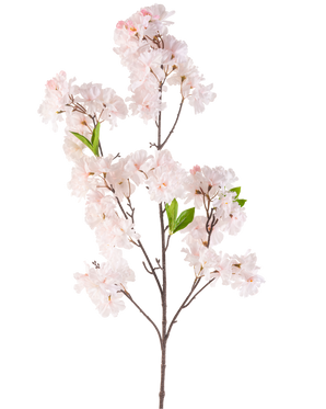 La flor de cerezo artificial color rubor de 119 cm tiene una sola rama de cerezo con ramos de flores de color rosa claro y algunas hojas verdes sobre un fondo blanco.