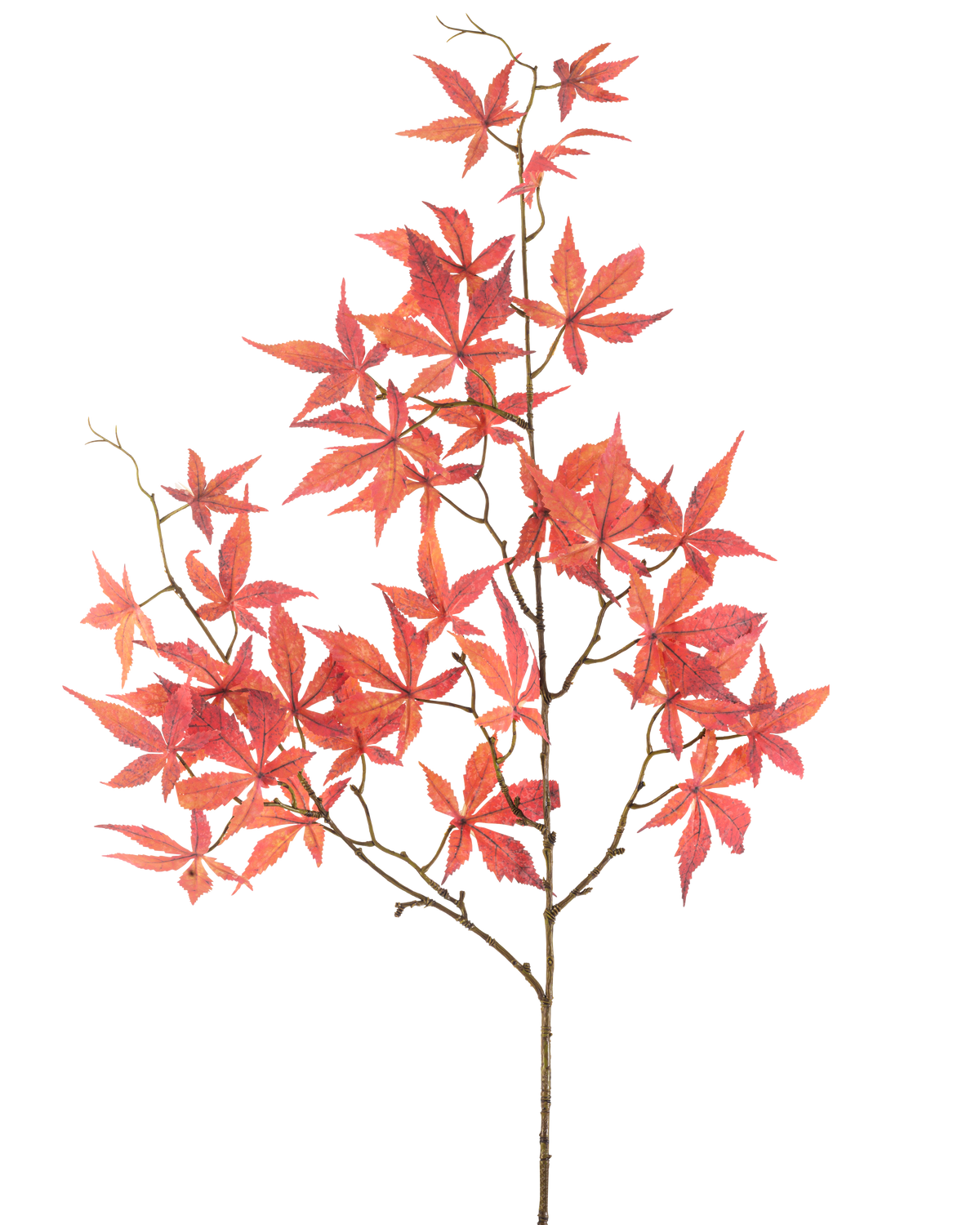 La flor artificial Hoja de arce de 109 cm roja tiene múltiples ramas delgadas decoradas con hojas de arce en forma de estrella de color rojo vibrante, bellamente expuestas sobre un fondo blanco liso.