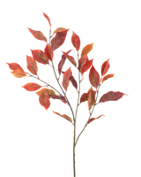 Het Kunstbloem Iepblad 113 cm rood heeft meerdere dunne stelen met levendige rode en oranje herfstbladeren, geïsoleerd op een witte achtergrond.