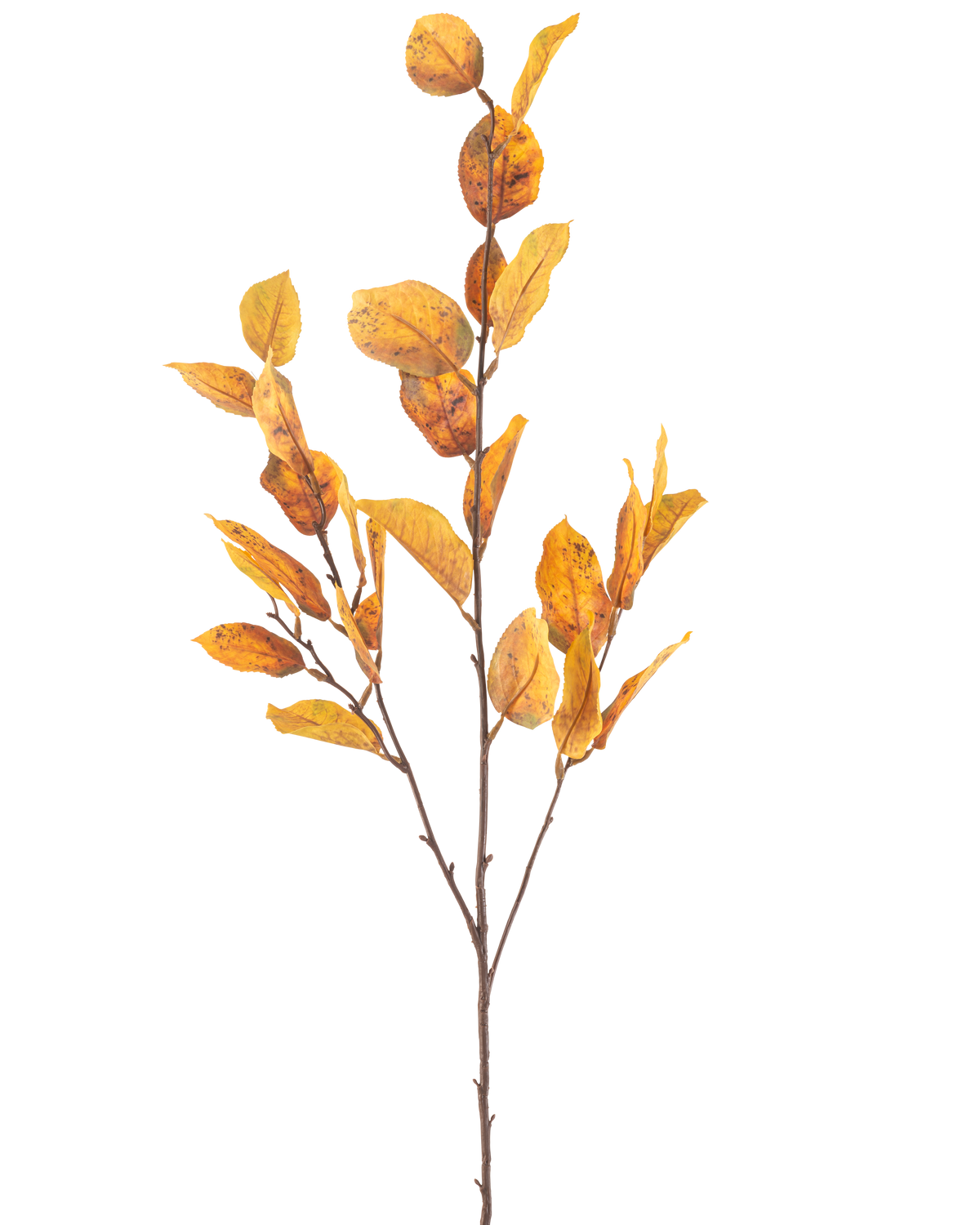 La Flor Artificial Hoja de Limón 107 cm amarilla tiene una sola rama marrón con manojos de hojas otoñales amarillas, aisladas sobre un fondo blanco.