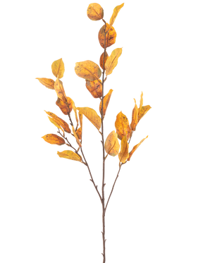 La Flor Artificial Hoja de Limón 107 cm amarilla tiene una sola rama marrón con manojos de hojas otoñales amarillas, aisladas sobre un fondo blanco.