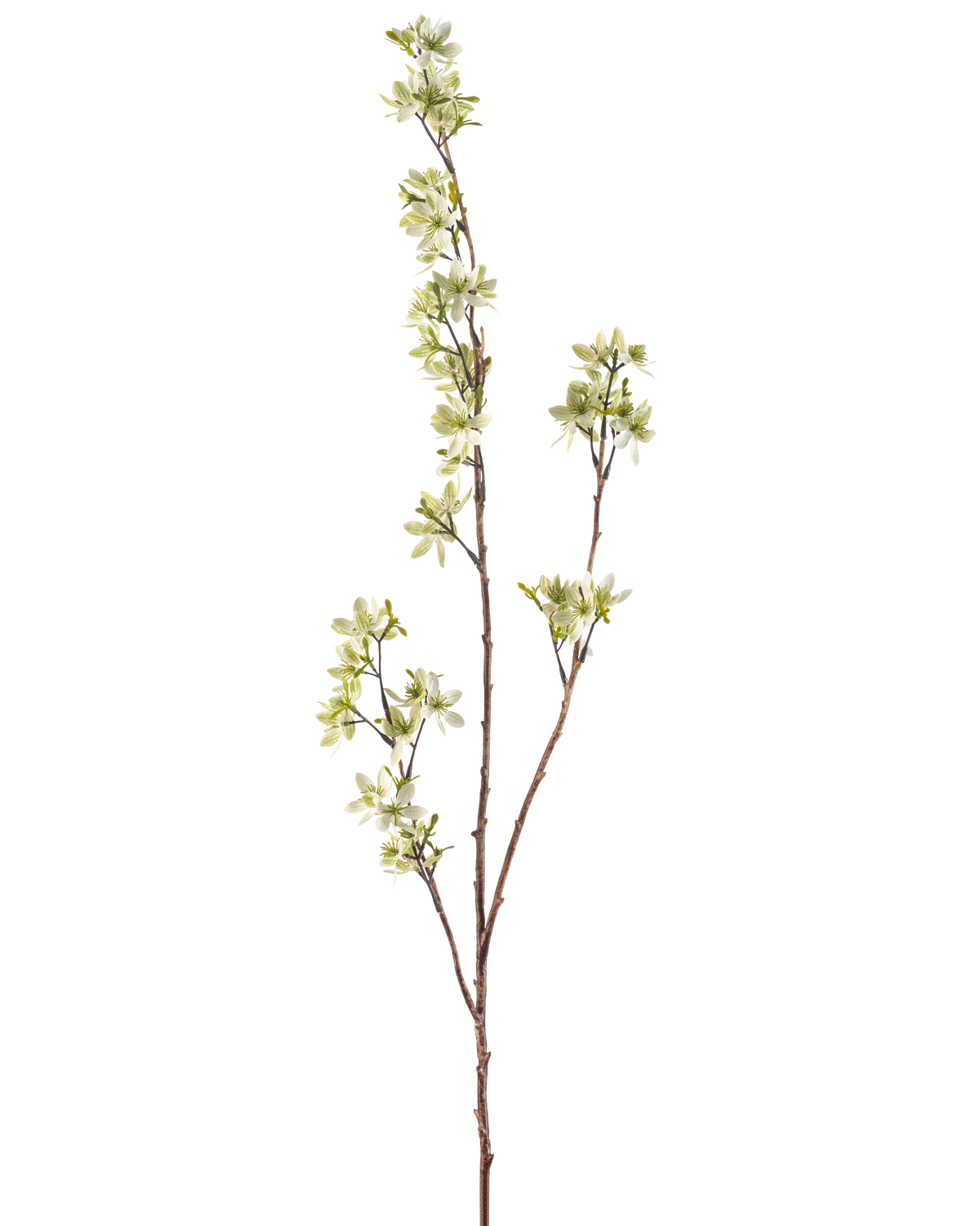 La Flor Artificial Flores 102 cm verde tiene un único tallo alto con varios brotes finos, decorado con ramos de pequeñas flores blancas y verde claro, sobre un fondo liso blanco.