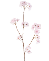De Kunstbloem Kersenbloesem 85 cm lichtroze heeft een enkele slanke bruine steel met trosjes delicate lichtroze kersenbloesems, prachtig geïsoleerd op een witte achtergrond.