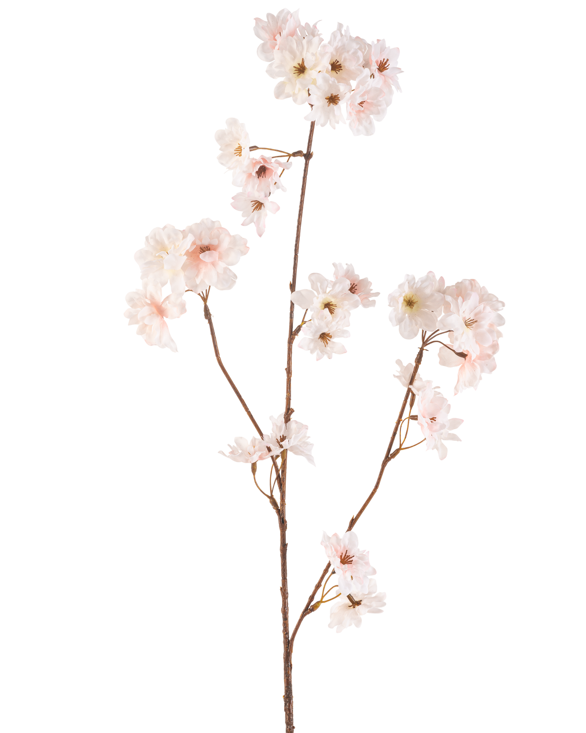 La flor artificial de cerezo en flor de 85 cm tiene un único tallo marrón con múltiples ramas, cada una decorada con delicadas flores de cerezo de color rosa, sobre un fondo blanco liso.