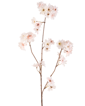La flor artificial de cerezo en flor de 85 cm tiene un único tallo marrón con múltiples ramas, cada una decorada con delicadas flores de cerezo de color rosa, sobre un fondo blanco liso.