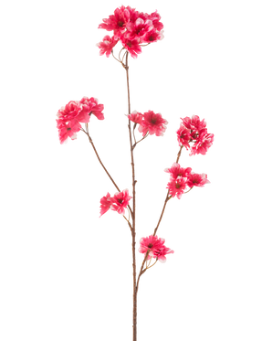 De Kunstbloem Kersenbloesem 85 cm fuchsia heeft een enkele bruine steel met meerdere takken, elk versierd met clusters van levendige fuchsia kunstkersenbloesems, tegen een effen witte achtergrond.