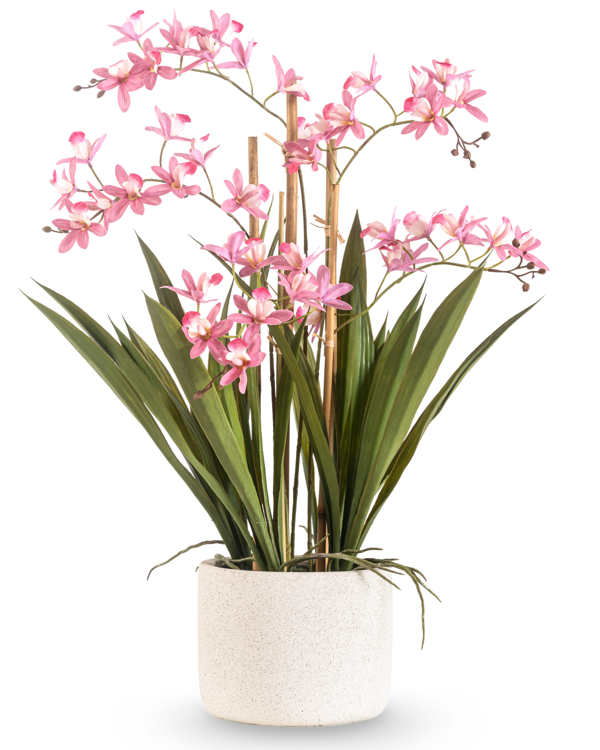 La Planta Artificial Mini Cymbidium Real Touch 58 cm rosa tiene largas hojas verdes y múltiples tallos florales de color rosa, dispuestos en una maceta cilíndrica blanca estructurada, sobre un fondo blanco liso.
